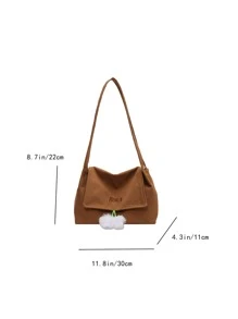 Letter Embroidered Flap Shopper Bag With Bag Charm - Brown - View 6