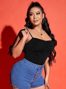 Slaydiva 素色褶邊肩上打結吊帶連體衣 - 黑色 - 查看 3