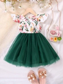 SHEIN Cô Gái Trẻ In hoa Lưới tương phản Váy chữ A - Nhiều màu - Xem 1