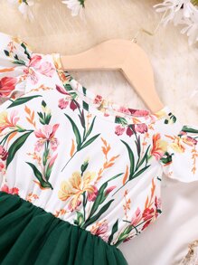 SHEIN Cô Gái Trẻ In hoa Lưới tương phản Váy chữ A - Nhiều màu - Xem 4
