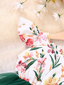 SHEIN Cô Gái Trẻ In hoa Lưới tương phản Váy chữ A - Nhiều màu - Xem 3