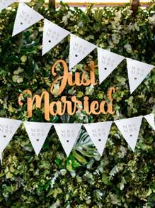 1入組白色浪漫花邊三角旗掛布，上面印有"MR&MRS"，適用於戶外婚禮慶典裝飾 - 白色 - 查看 1