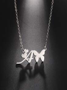 1 pieza Collar con letras del abecedario y mariposa hueca de acero inoxidable de moda - Plateado - Ver 10
