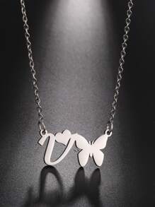 1 pieza Collar con letras del abecedario y mariposa hueca de acero inoxidable de moda - Plateado - Ver 23