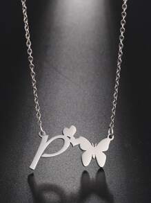 1 pieza Collar con letras del abecedario y mariposa hueca de acero inoxidable de moda - Plateado - Ver 26