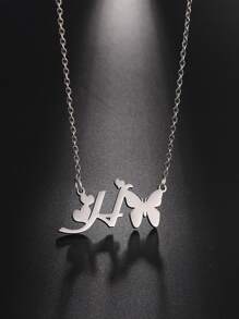 1 pieza Collar con letras del abecedario y mariposa hueca de acero inoxidable de moda - Plateado - Ver 6