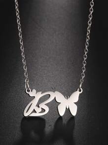 1 pieza Collar con letras del abecedario y mariposa hueca de acero inoxidable de moda - Plateado - Ver 18