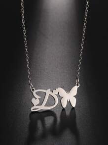 1 pieza Collar con letras del abecedario y mariposa hueca de acero inoxidable de moda - Plateado - Ver 4