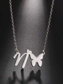 1 pieza Collar con letras del abecedario y mariposa hueca de acero inoxidable de moda - Plateado - Ver 16