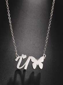1 pieza Collar con letras del abecedario y mariposa hueca de acero inoxidable de moda - Plateado - Ver 15