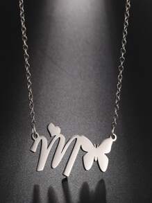 1 pieza Collar con letras del abecedario y mariposa hueca de acero inoxidable de moda - Plateado - Ver 21