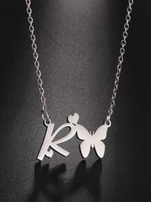 1 pieza Collar con letras del abecedario y mariposa hueca de acero inoxidable de moda - Plateado - Ver 2