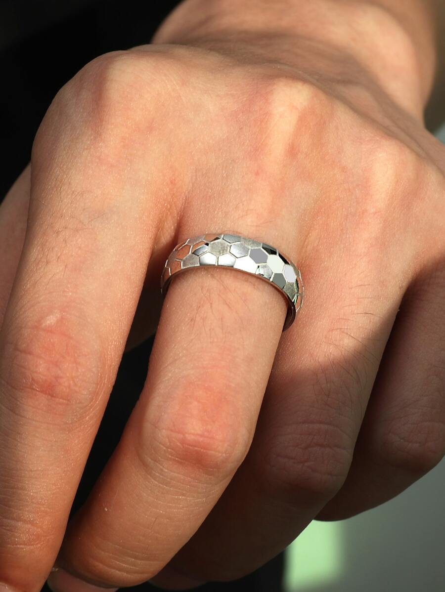 男士足球紋理質感戒指 - 銀色 - 查看 1