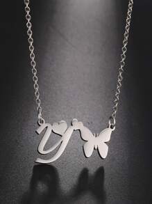 1 pieza Collar con letras del abecedario y mariposa hueca de acero inoxidable de moda - Plateado - Ver 20