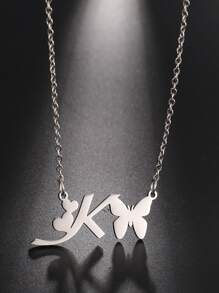 1 pieza Collar con letras del abecedario y mariposa hueca de acero inoxidable de moda - Plateado - Ver 13