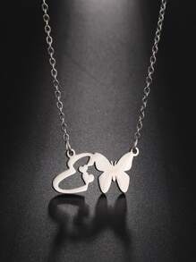 1 pieza Collar con letras del abecedario y mariposa hueca de acero inoxidable de moda - Plateado - Ver 19