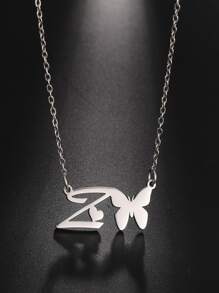 1 pieza Collar con letras del abecedario y mariposa hueca de acero inoxidable de moda - Plateado - Ver 7