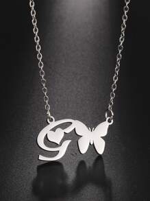 1 pieza Collar con letras del abecedario y mariposa hueca de acero inoxidable de moda - Plateado - Ver 22