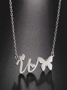 1 pieza Collar con letras del abecedario y mariposa hueca de acero inoxidable de moda - Plateado - Ver 24