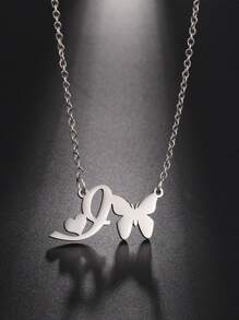 1 pieza Collar con letras del abecedario y mariposa hueca de acero inoxidable de moda - Plateado - Ver 8