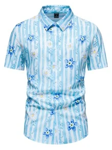 Manfinity 男士花卉圖案和條紋襯衫