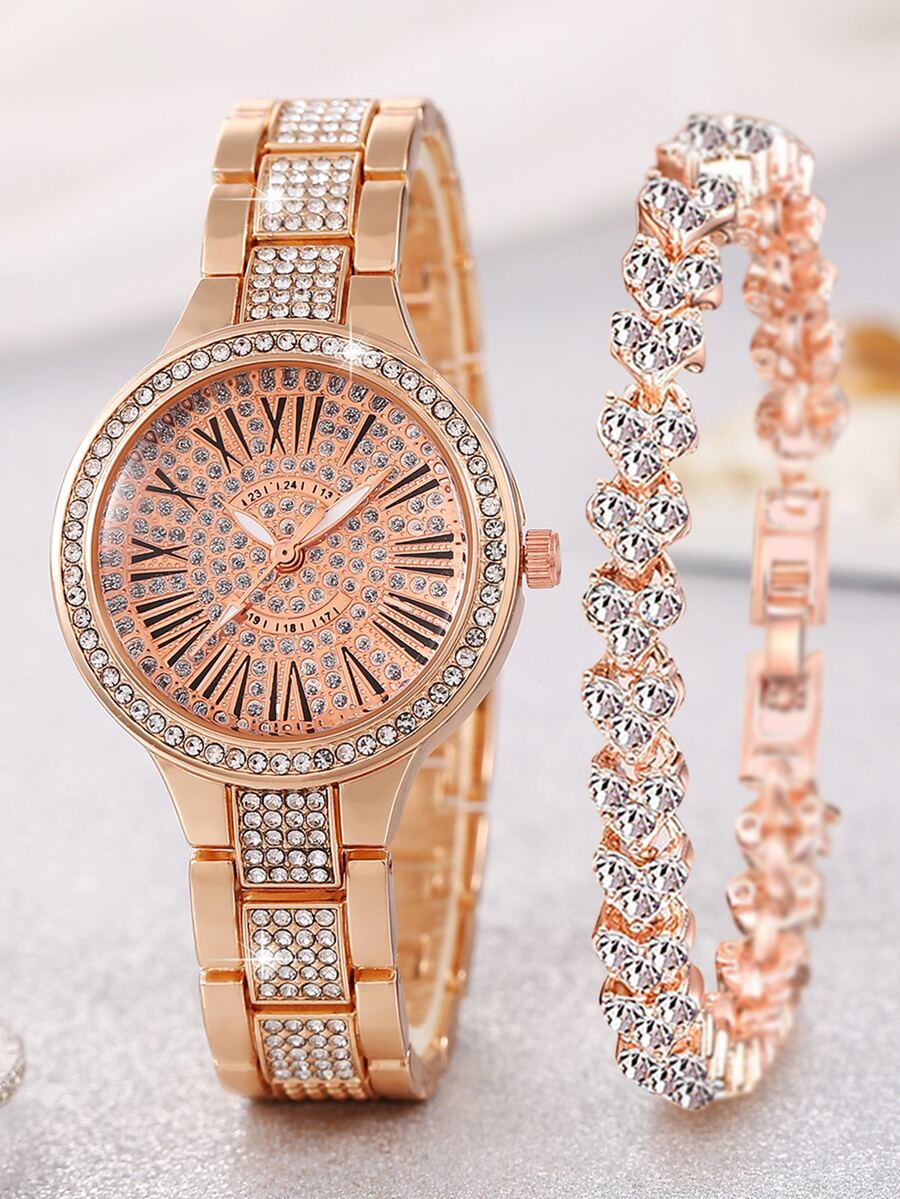 1 Nữ Hoa Hồng Vàng Kim Cương Giả Trang Trí Hợp Kim Kẽm Dây Đeo Quyến Rũ Mặt Tròn Đồng Hồ Thạch Anh & 1 Dây Chuyền Vòng Tay, Cho Quà Tặng - Hoa hồng vàng - Xem 1