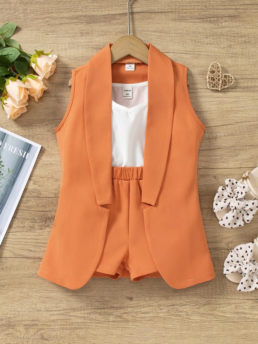 SHEIN Young Girl Solid Cami Top & Shorts & Vest Coat - Multicolor - View 1