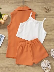 SHEIN Young Girl Solid Cami Top & Shorts & Vest Coat - Multicolor - View 2
