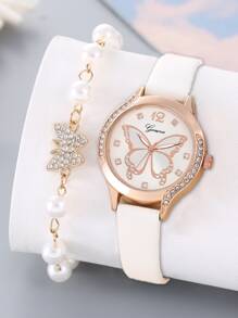 1 pieza con diseño de diamante de imitación con estampado de mariposa Reloj cuarzo de esfera & 1 pieza Pulsera - Blanco - Ver 1