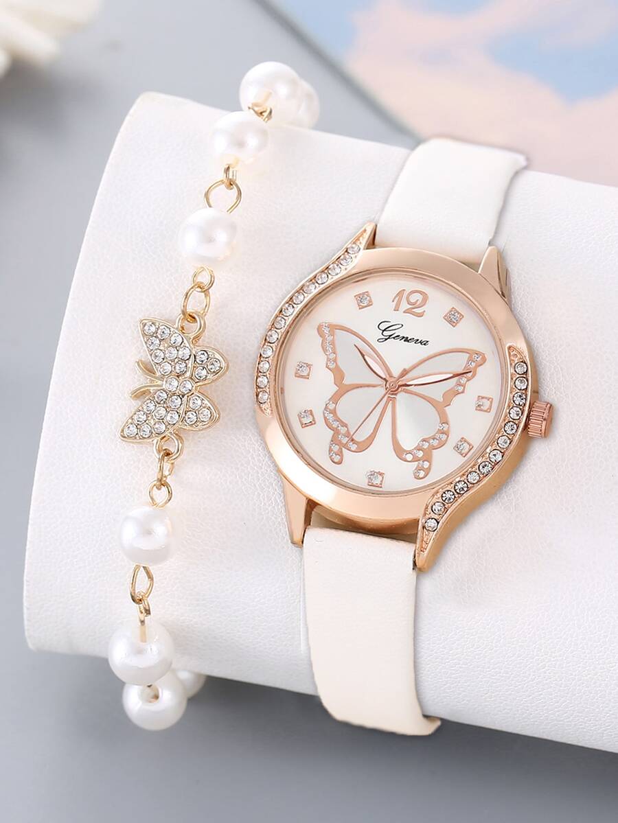 1 pieza con diseño de diamante de imitación con estampado de mariposa Reloj cuarzo de esfera & 1 pieza Pulsera - Blanco - Ver 1