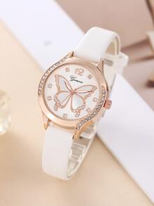 1 pieza con diseño de diamante de imitación con estampado de mariposa Reloj cuarzo de esfera & 1 pieza Pulsera - Blanco - Ver 2