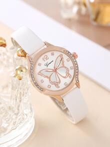 1 pieza con diseño de diamante de imitación con estampado de mariposa Reloj cuarzo de esfera & 1 pieza Pulsera - Blanco - Ver 3