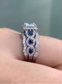 AIHUASI Bộ 3 nhẫn cưới/đính hôn bằng bạc 925 cao cấp, đính đá Cubic Zirconia loại 5A cắt kiểu Princess và đá quý màu xanh dương, thích hợp cho tiệc tùng, đám cưới, ngày Valentine và các dịp khác. - Bạc - Xem 9