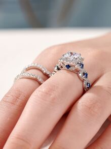 AIHUASI Bộ 3 nhẫn cưới/đính hôn bằng bạc 925 cao cấp, đính đá Cubic Zirconia loại 5A cắt kiểu Princess và đá quý màu xanh dương, thích hợp cho tiệc tùng, đám cưới, ngày Valentine và các dịp khác. - Bạc - Xem 10