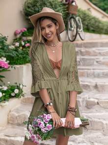 Guipure Lace Insert Flounce Sleeve Knot Front Kimono - Army Green - View 4