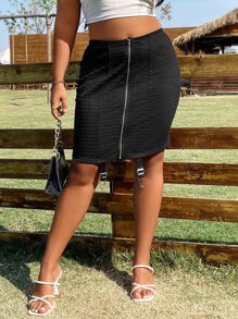 SHEIN LUNE Falda ajustada con cremallera fruncido - Negro - Ver 1