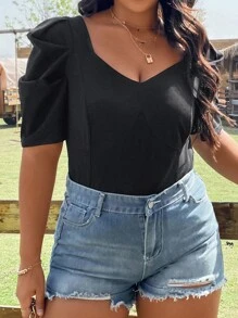 SHEIN LUNE Áo thun Plus size màu trơn Giải trí - màu đen - Xem 5