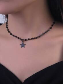 星星吊墜珠子裝飾項鍊 - 黑色 - 查看 8