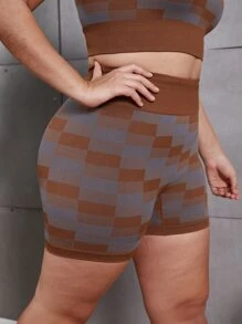 大碼格紋印花寬腰帶運動短褲