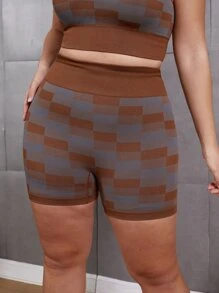大碼格紋印花寬腰帶運動短褲