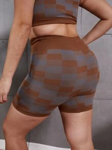大碼格紋印花寬腰帶運動短褲