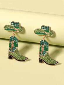 水鑽靴子和牛仔帽耳墜 - 綠色 - 查看 1