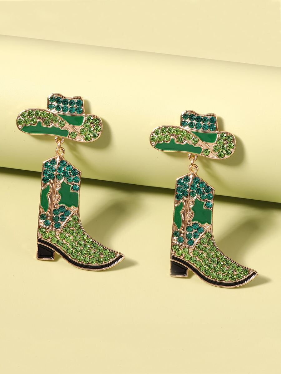 水鑽靴子和牛仔帽耳墜 - 綠色 - 查看 1