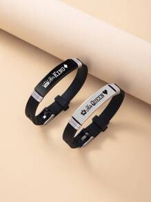 2入組/套情侶皇冠和字母細節矩形裝飾手環 - 彩色 - 查看 1