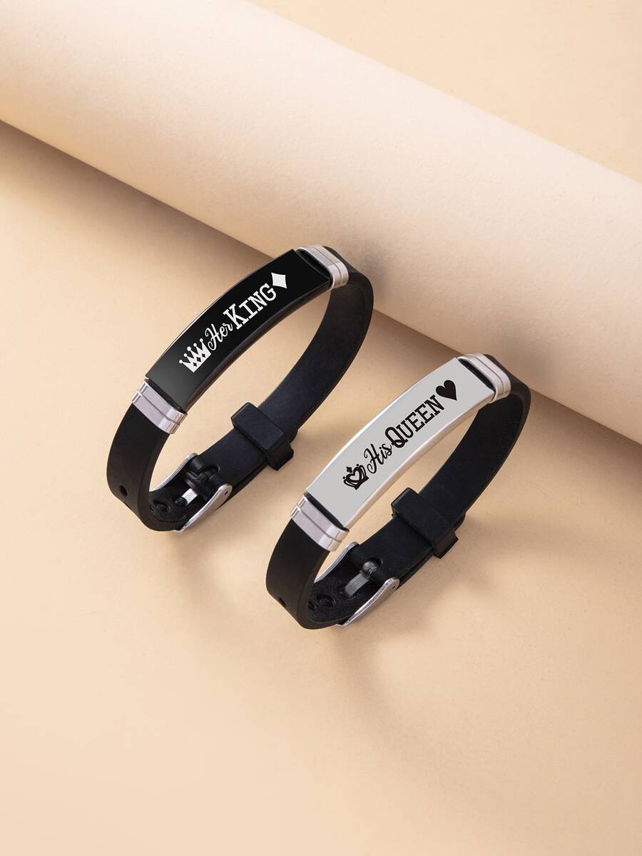 2入組/套情侶皇冠和字母細節矩形裝飾手環 - 彩色 - 查看 1