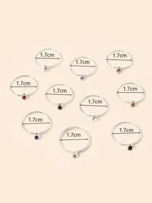 10入組/套水鑽裝飾戒指 - 銀色 - 查看 3