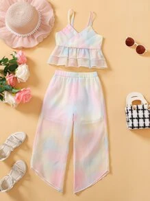 Toddler Girls Tie Dye Ruffle Hem Cami Top & Trousers - Multicolor - View 1