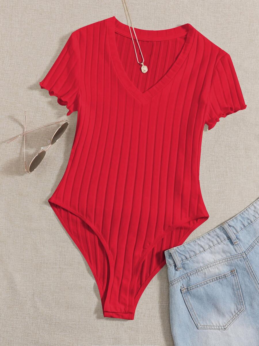 SHEIN EZwear Solid Ribbed Knit V Neck Bodysuit For Summer