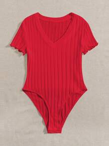 SHEIN EZwear Solid Ribbed Knit V Neck Bodysuit For Summer