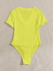 SHEIN EZwear Solid Ribbed Knit V Neck Bodysuit For Summer - Yellow - View 2
